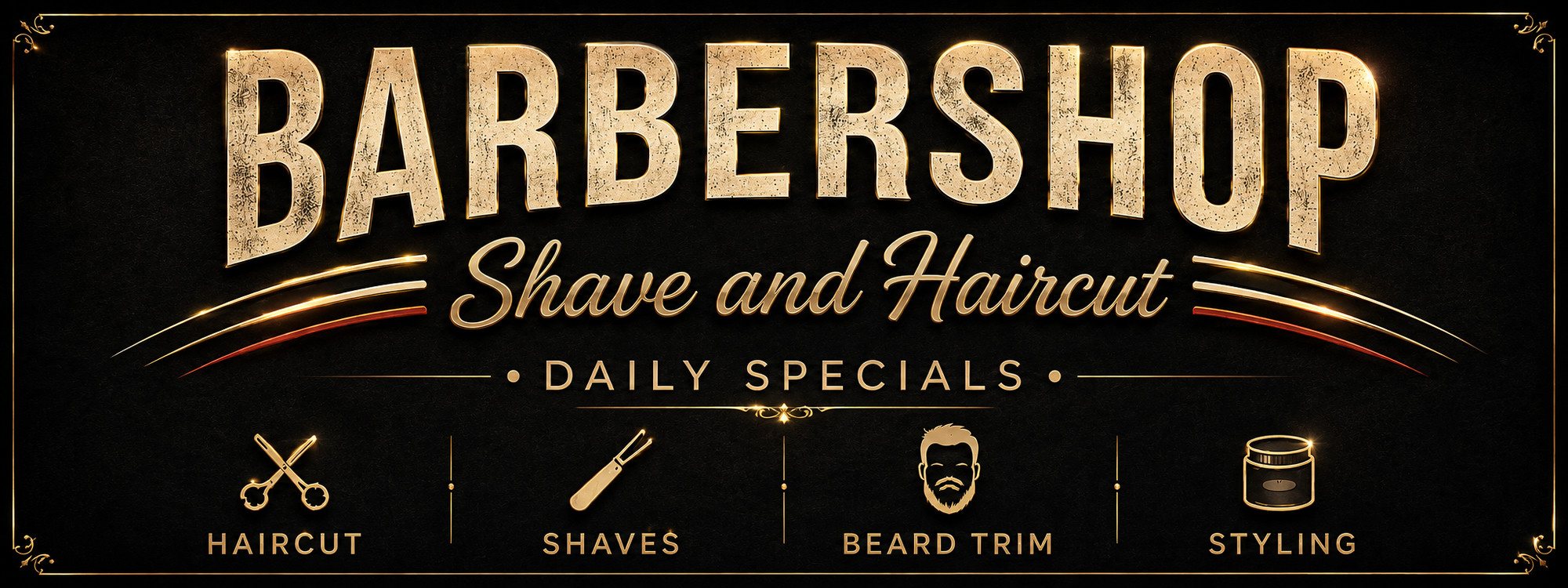 Gold on black shop sign reading Barbershop, Shave and Haircut, Daily Specials, with icons for haircut, shaves, beard trim and styling